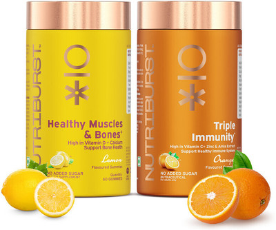 Nutriburst Healthy Muscle & Bones and Triple Immunity Gummies with Vitamin C, Zinc & Amla(2 x 60 No)