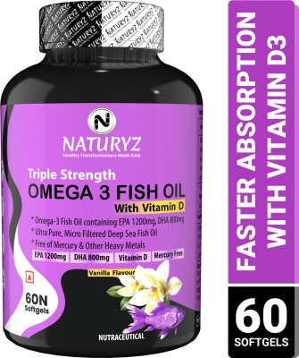 NATURYZ Triple strength fish oil with vitamin d EPA 1200 MG DHA 800mg vanilla flavour(60 Capsules)