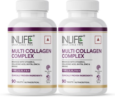 INLIFE Multi Collagen Complex Supplement |5 Peptides I,II,III,V&X For Skin & Hair-2Pack(2 x 90 Tablets)