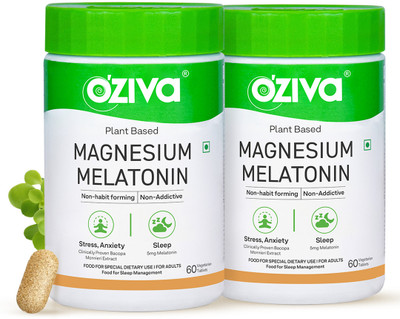 OZiva Magnesium Melatonin For Stress, Anxiety & Sleep, With Bacopa Monnieri Extract(2 x 60 Capsules)