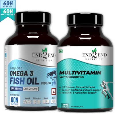 End2End Nutrition Multivitamin & Omega 3 Fish oil capsules for men and women, Combo(2 x 60 No)