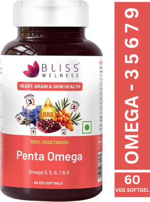 Bliss Welness Penta Omega 3 5 6 7 9 Fatty Acids Blend for Heart Brain Skin Joints & Metabolism(60 Capsules)