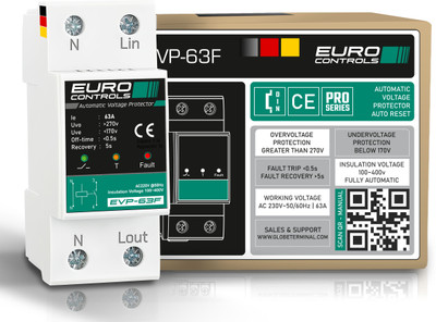 EURO EVP63F 63 Amps Automatic Over/Under Voltage Protector - Auto Fault Recovery Voltage Guard(White)