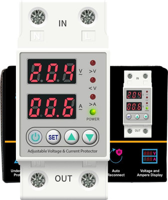 amiciSmart Automatic Over/Under Voltage (Adjustable Setting) Protection with Auto Re-Connect LED Display Standard Din-Rail Mounted Single Phase 220V, 63A Voltage Protection(White)
