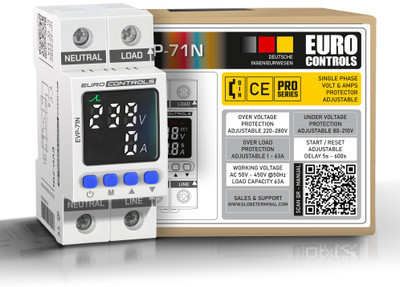Euro Controls EVP71N 63A Single Phase Over - Under Voltage & Over Current Protector German Excellence Automatic trip & Recovery - On delay - Parameters Adjustable(White)