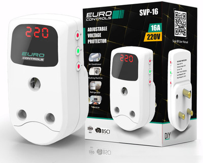 EURO SVP-16 16 Amp Digital Adjustable Under/Over Voltage Protector & Spike Protector Socket Voltage Guard with Display Time Delay & India Compatible socket & Plug(White)
