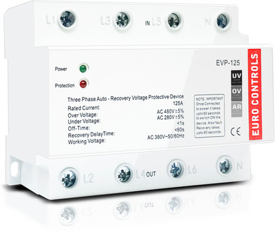 Euro Controls EVP-125 125A Three Phase Autonomous Over / Under Voltage Protector | Auto Fault Recovery(White)
