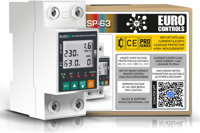 Euro Controls ESP-63 WiFi IOT 4 in 1 Voltage Current & Earth Leakage Protector with KwH App Based Energy Monitoring - Time Scheduling & Remote Control(White)