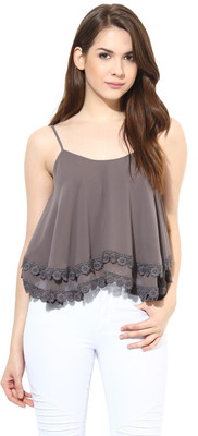 HARPA Casual Sleeveless Embroidered Women Grey Top