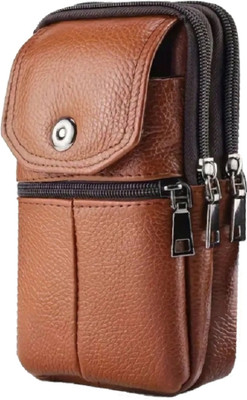 GOTEO Leather Waist Pouch Belt Bag Mobile Phone Passport Holder Travel Camping Hiking Sports Walking Cycling Running(Tan)