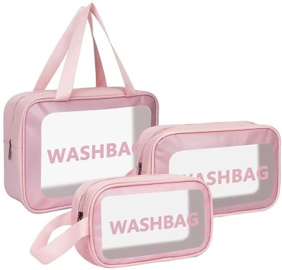 SANWALSA (Set Of 3) Multi-Functional Transparent Cosmetic Bag with Handle for Women Waterproof Multipurpose Bag(Pink, 11 inch)