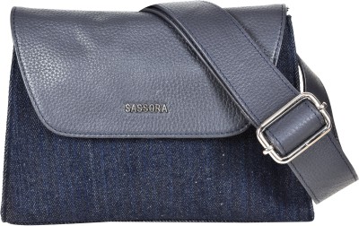 Sassora Genuine Leather & Denim Material Unisex Waist Pouch Waist Bag(Blue)