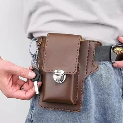 SAMTROH Men's Mobile Phone Waist Bag PU Leather Smart Phone Case Storage Outdoor Waist Bag with Belt Loop for Camping and Hiking(Brown)
