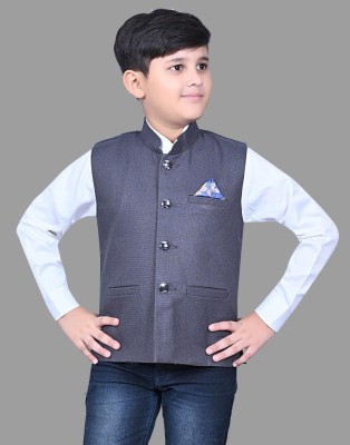 Qitty Solid Mandarin Festive & Wedding Boys Blazer(Grey)