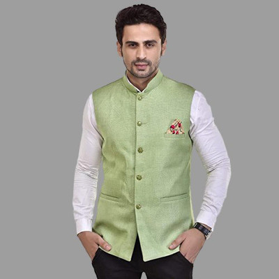 seetoo Solid Mandarin Party Men Blazer(Green)