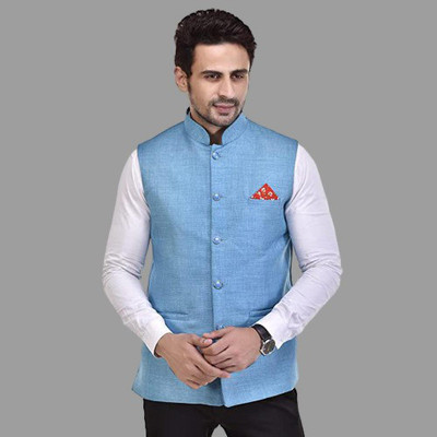 seetoo Solid Mandarin Party Men Blazer(Blue)