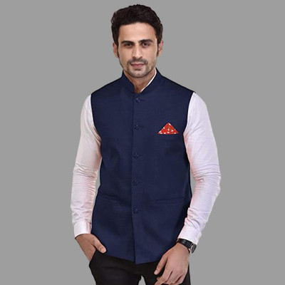 seetoo Solid Mandarin Party Men Blazer(Dark Blue)