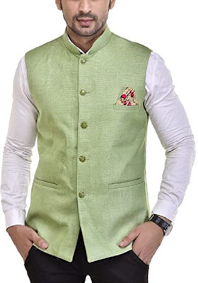 ATLY Self Design Mandarin Festive & Wedding Men Blazer(Green)