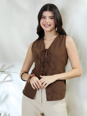 DRAPE AND DAZZLE Casual Solid Women Brown Top