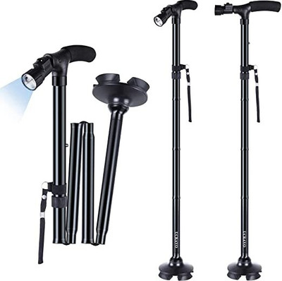 kwikonmart Folding Cane with Led Light- Non-Slip Grip Handle for Men & Women Walking Stick