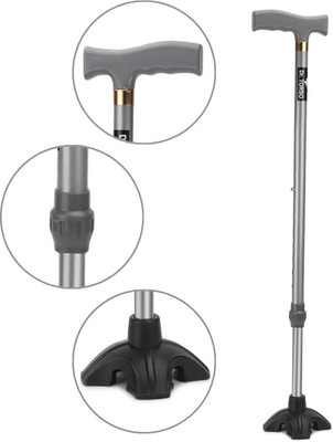 Dr. TORSO Grey Quadpod Walking Stick with Self Standing Base and Adjustable Height Walking Stick