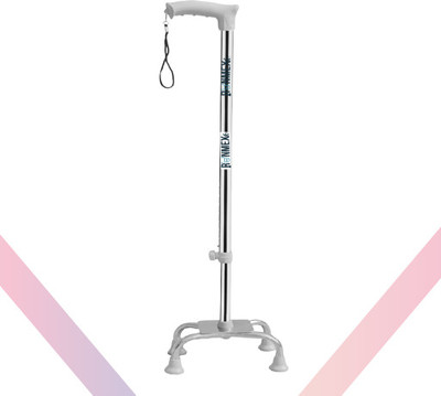 RUNMEX Broad Base Chrome Dori 4-Leg Walking Stick – Grey Mobility Aid for Seniors Walking Stick