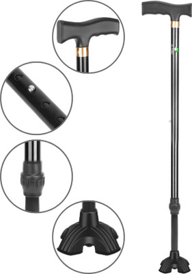 Dr. TORSO Black Quadpod Walking Stick with Self Standing Base and Adjustable Height Walking Stick