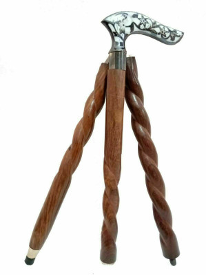 Global Handicrafts white leaf designer handle brown spiral wood walking stick Walking Stick