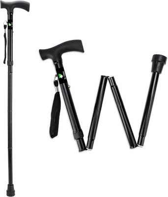 DR DOC Black Folding Walking Stick with Adjustable Height | Sturdy Aluminium Body Walking Stick