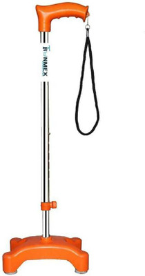 RUNMEX SURGICAL 4 Leg chrome Orange Height Adjustable Men/Women/Old Age People Walking Stick
