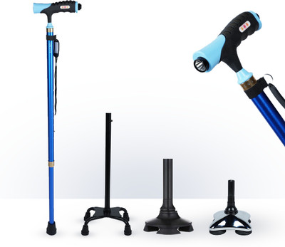 AGEasy Multibase Lumina Walking Stick, Adjustable Height & LED Torch (Blue) Walking Stick