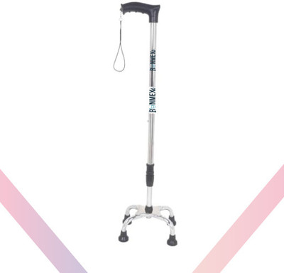 RUNMEX Broad Base Chrome Dori Quad Cane – Adjustable Height, Black, Anti-Slip Grip Walking Stick