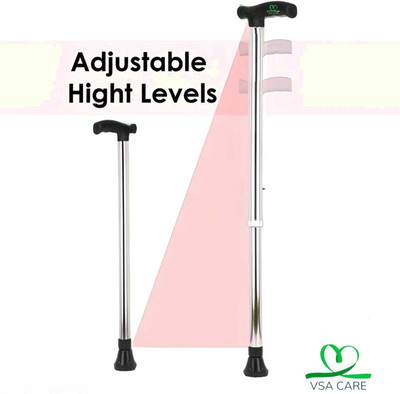 VSA CARE 4 Leg Black Base With Extra Support Height Adjustable Old Age Walking Stick Walking Stick