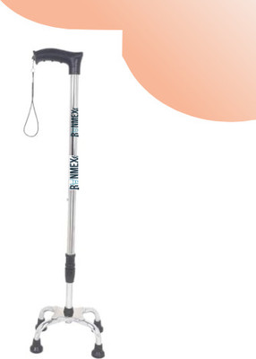 RUNMEX Black Height Adjustable Quad Cane with Broad Base Chrome Dori for Men & Women Walking Stick