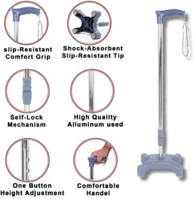 RUNMEX 4-Leg GREY Chrome Walking Stick for Elderly & Patients Walking Stick