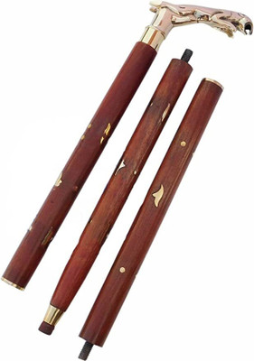 WORLD KING MART Brass T Shape Handle in Golden Tone Natural Wood Walking Stick Walking Stick
