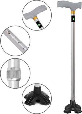 Dr. TORSO Aluminium Silver Quadpod Stick with Self Standing Base & Adjustable Height Walking Stick