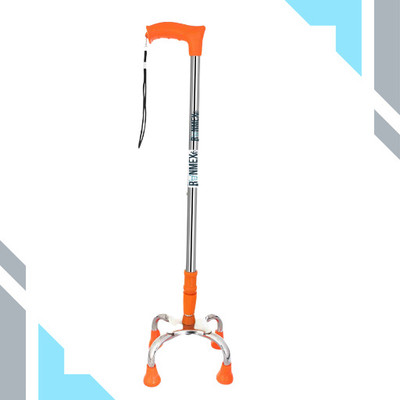 RUNMEX Orange Height Adjustable Quad Cane with Broad Base Chrome Dori for Men & Women Walking Stick
