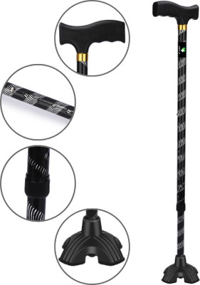 Dr. TORSO Aluminium Black Cut Quadpod Stick with Self Standing Base & Adjustable Height Walking Stick