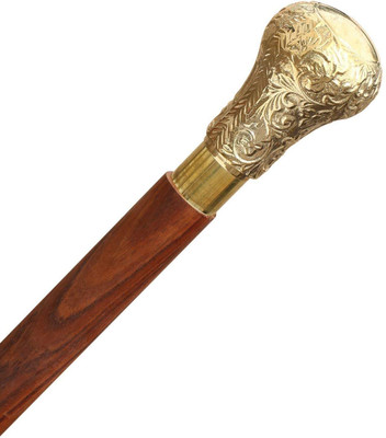 Calvin handicrafts Wooden Walking Cane - 37 Vintage Round Brown Sheesham Wood with Round Brass Walking Stick
