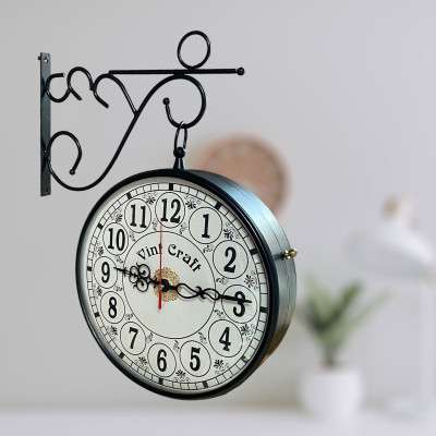 VintCraft Analog 25.7 cm X 25.5 cm Wall Clock(Silver, With Glass, Double-Sided)