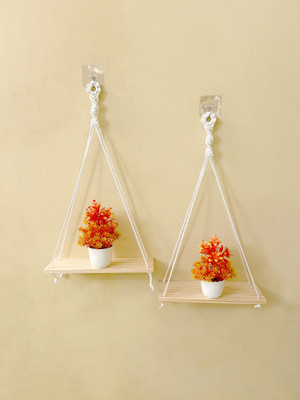 Macrame Wall Hanging Shelf, Cotton Rope Woven Decor 2 Shelves for Plants(30 cm, White)