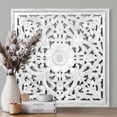 Duadecor Wooden Wall Panel Hanging Décor| Floral Carved Art for Home Decoration - White(Distressed White)