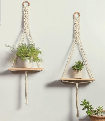 RAGHWANI Macrame Wall Hanging Shelf Wood Floating Boho Shelves with Wooden Dowel(White)