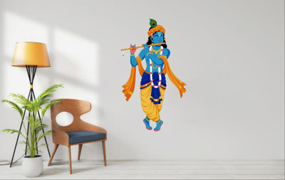 DEEYA CREATION Divine Lord Krishna Playing Flute Wall Sticker | Spiritual PVC Vinyl Wall Decal(18 inch X 15.5 inch, Multicolor)