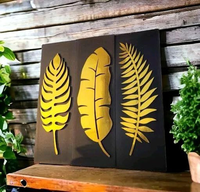 Shivucrafts Set of 3 Golden Leaf with Black Frame Wall Decorative for Home(Gold)