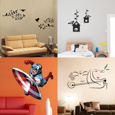APTIO 45 cm Captain America Bird Home Freedom Radhe Krishna with Flute Self Adhesive Sticker(Pack of 4)