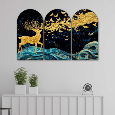 SAF PRINT Golden Deer Arch Shape Wall Painting Set of 3 | Blue Wave Night Art Décor Pack of 3(24 inch X 36 inch, Blue)