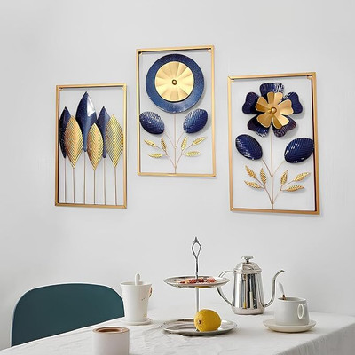 Crafty Creation Metal wall art for Living room 3 Panel Blue and Gold Flower Set Pack of 3(Blue, Gold)