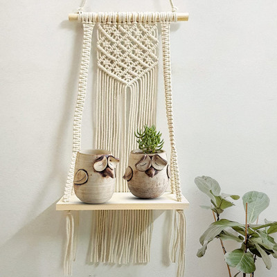 Aain Macrame Wall Hanging Shelf Bohemian Patten Natural Pine Wood Modern Boho Decor(White)